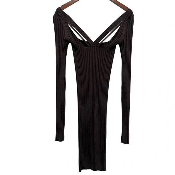 HELMUT LANG Strap Rib-Knit Bodycon Mini Dress Brown Long Sleeve Size M NEW - Picture 7 of 14